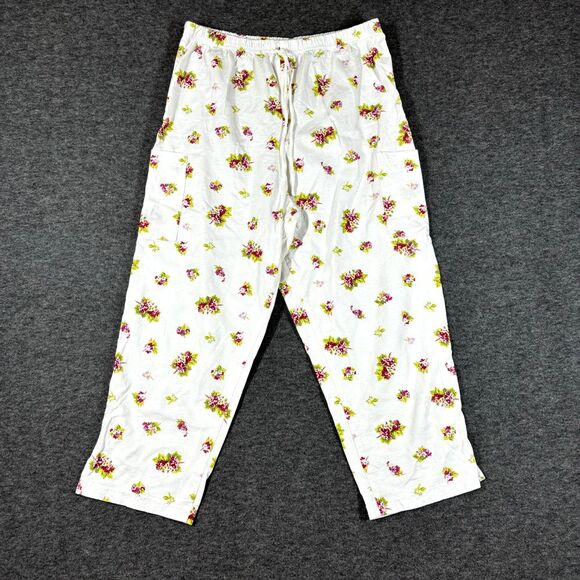Stamp Floral Drawstring Pants Womens Large L White Cozy Loungewear - Picture 1 of 10